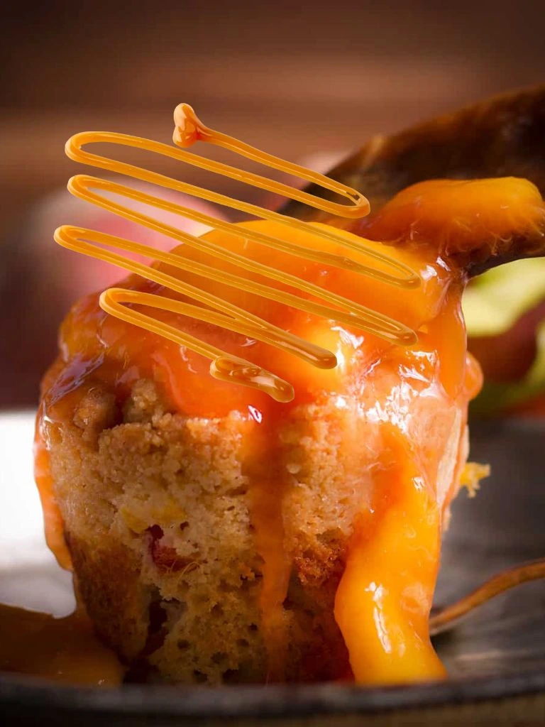 Peach cobbler with caramel drizzle