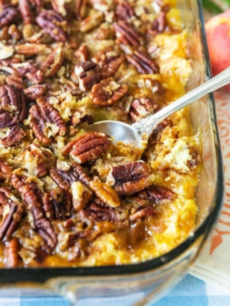 Peach cobbler with pecan topping