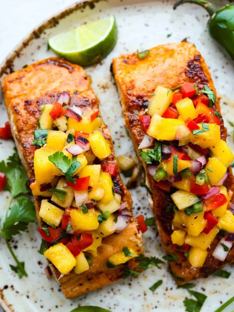  Bang bang salmon bites with mango salsa