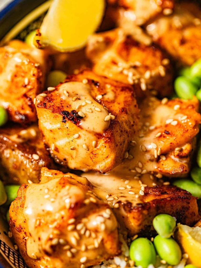 Bang bang salmon bites with sesame crust